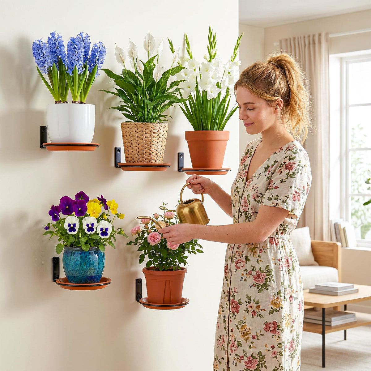 U0U 6 Inch Wall Mount Plant Holder with Plant Saucer Trays, 4 Pack Metal Wall Plant Holder for Wall,Ring Plant Wall Holder for Indoor Plants Bedroom Living Room Balcony Decor