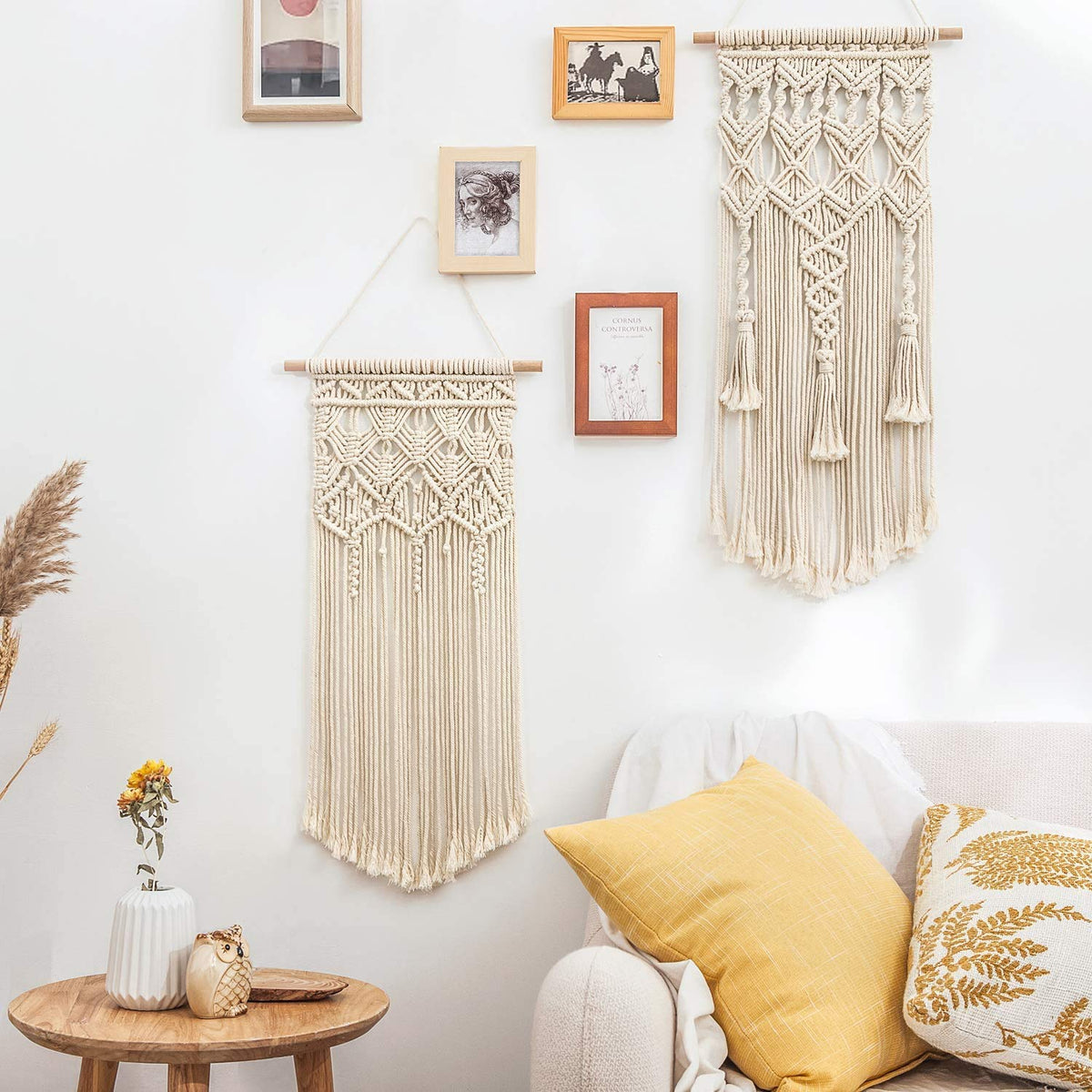 Mkono Macrame Makeup Brush Holder and Macrame Wall Hanging for Bedroom, Living Room, Nursery, Dorm, Teen Girl Gifts, Set of 3