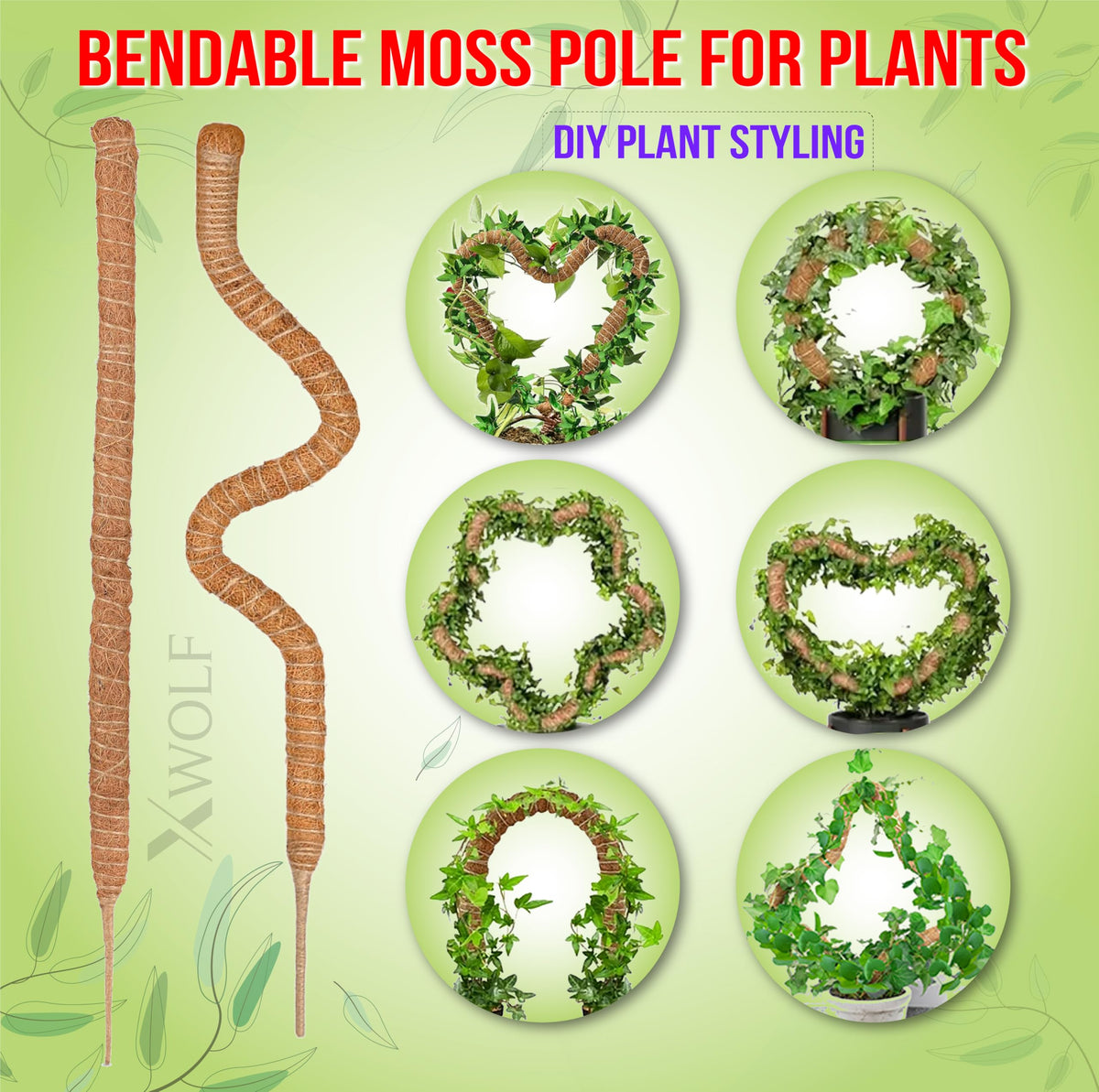 XWOLF 3 Pack Bendable Moss Pole 28" 48" 63" Monstera Plant Support for Climbing Indoor Plants, Tall Coir Plant Pole Sticks & Plant Stakes for Pothos, Philodendron & Potted Plants, Includes Plant Ties
