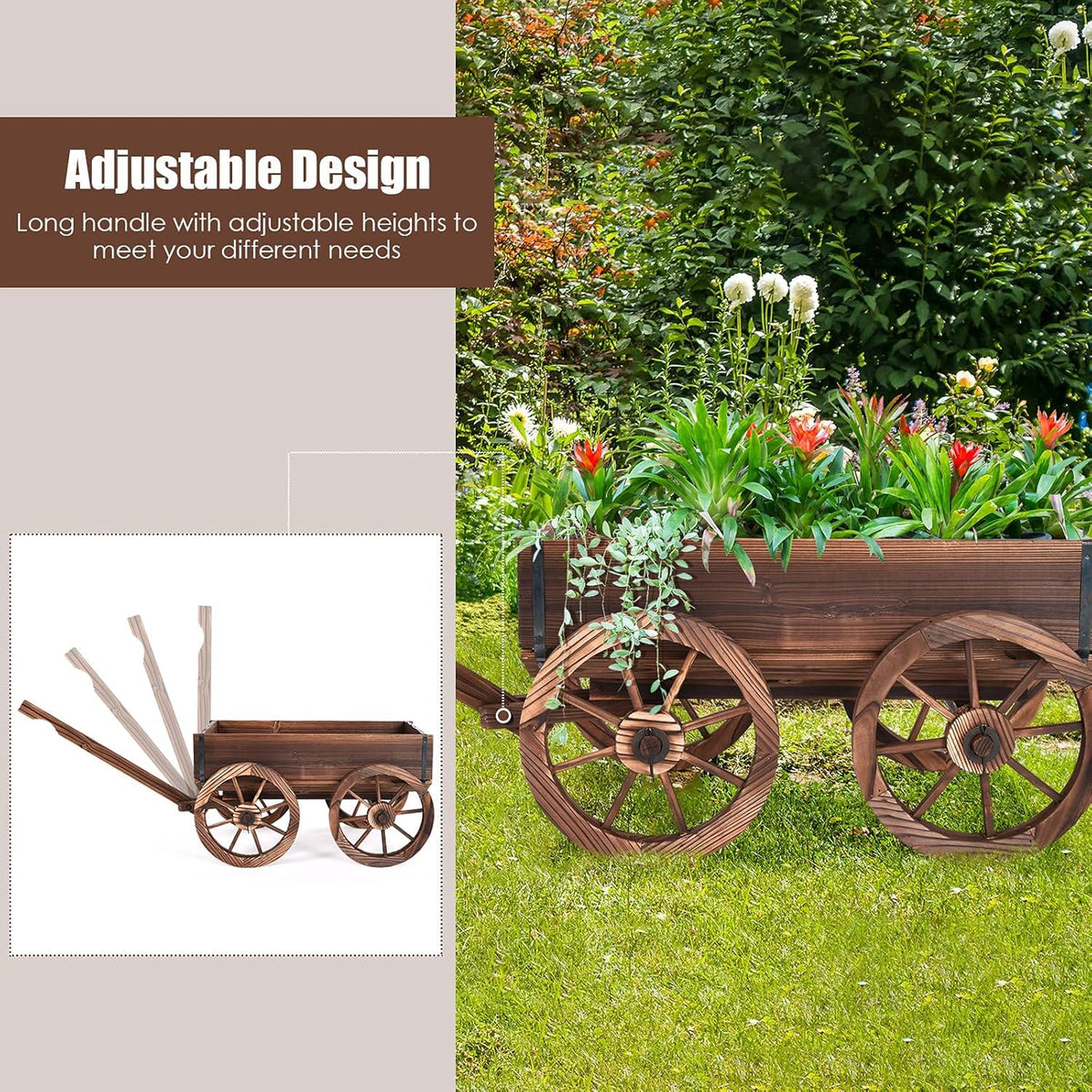 LDAILY Wooden Wagon Planter Pot, Decorative Flower Cart with Handle, Wheels, Drain Holes, Outdoor Rustic Wheelbarrow Planter Stand for Patio, Garden, Backyard, Balcony, Brown