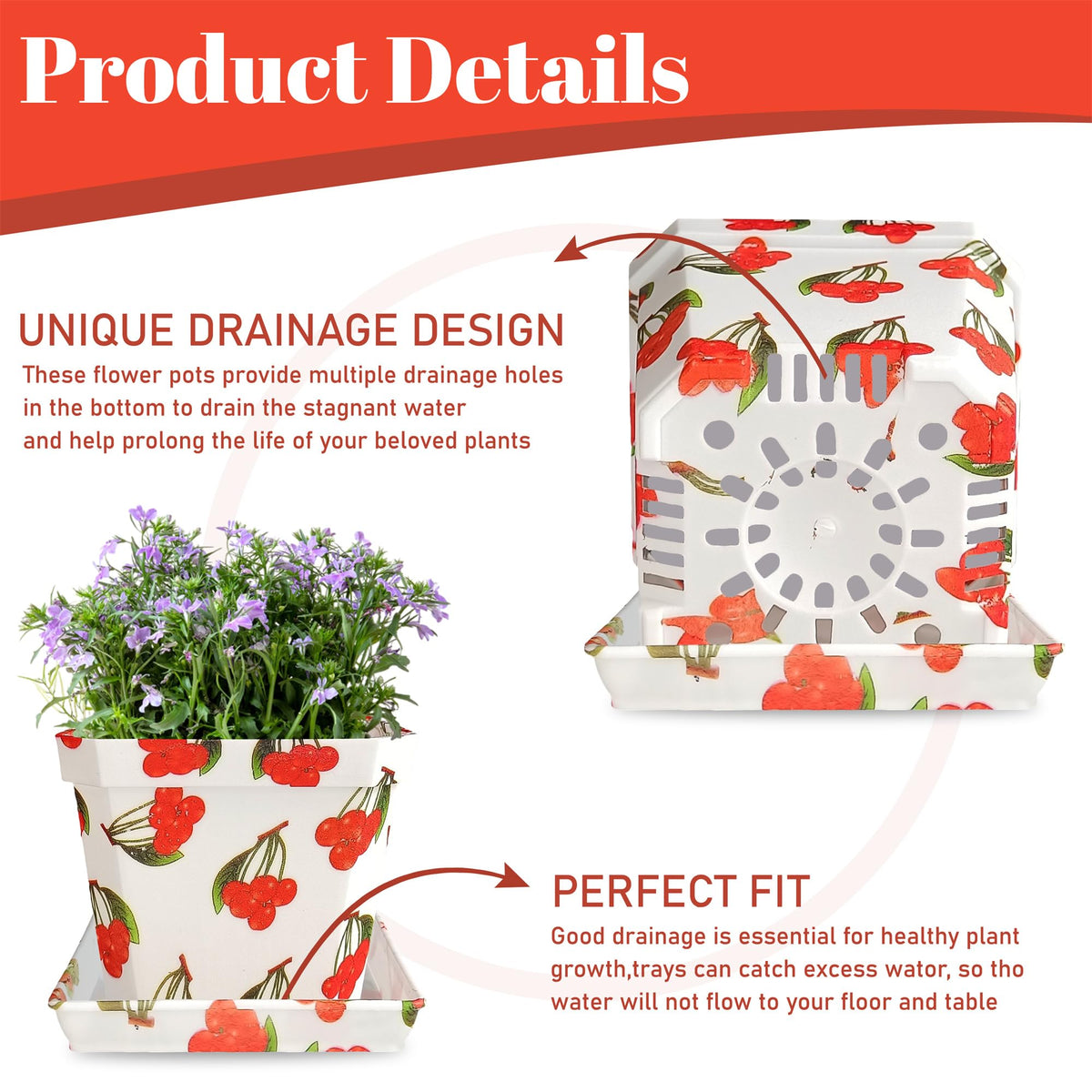Plant Pots 4 Inch Square Plastic Decoration,Flower Pots Retro Design,Flower Pot with Drain Hole and Tray,for Outdoor Indoor Garden Home Plants (Fruit,4pcs)