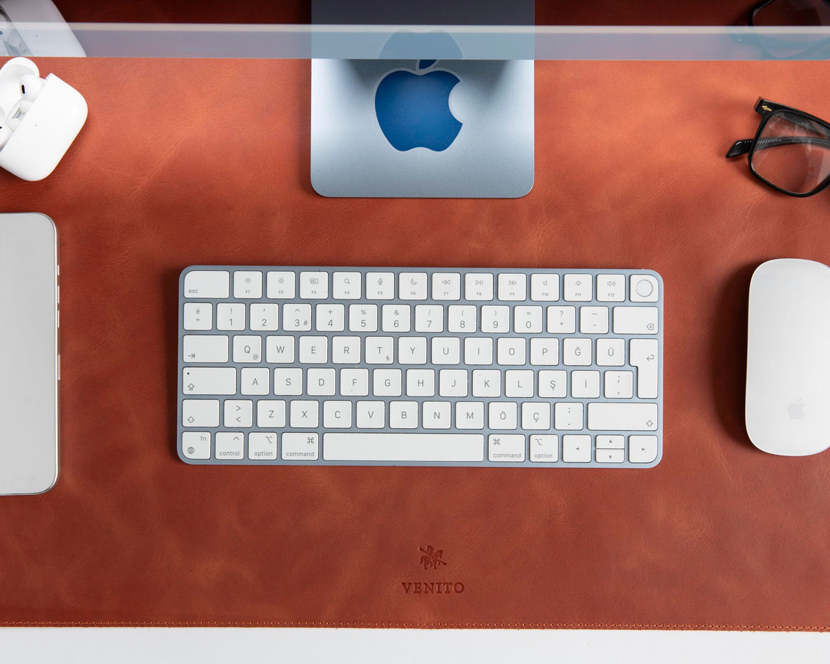 VENITO Leather 3-in-1 Desk Mat Set – Desk Mat (32"x16"), Organizer Tray & Cup Coaster – Full-Grain Leather Desk Pad for Office & Home – Elegant Workspace Accessories for Men & Women, Cinnamon