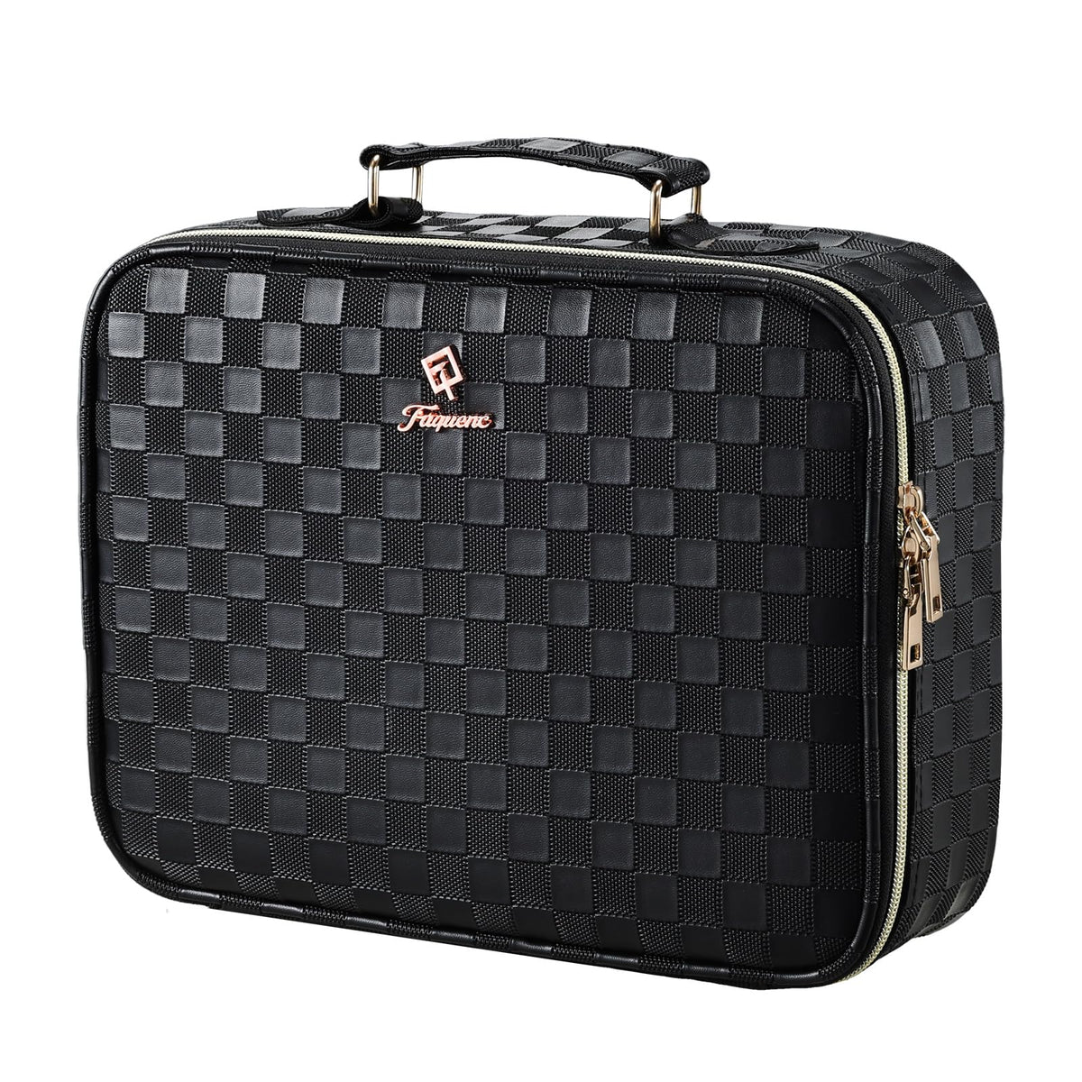 Faquenc Makeup Bag with LED Lighted Mirror 12.2 IN Travel Makeup Bag Adjustable Brightness in 3 Colors Cosmetic Organizer Artist Storage Bag with Dividers Brush Holder Bag Vanity Black Checkerboard