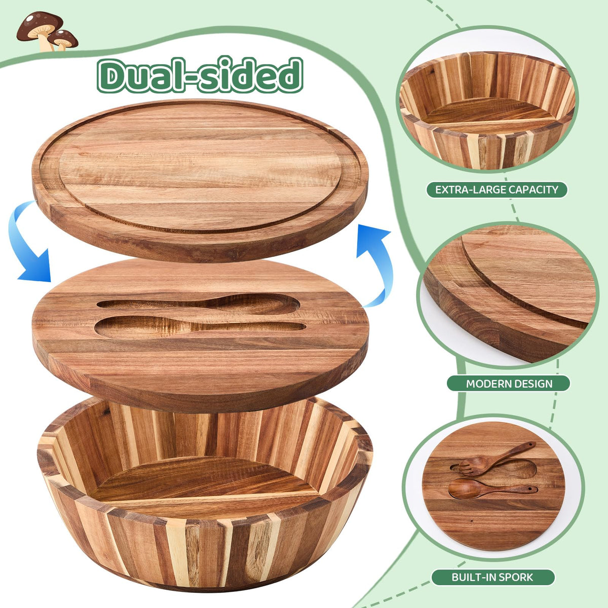 Geiserailie 16" Extra Large Acacia Wood Salad Bowl Set, 2-in-1 Wooden Serving Bowl & Charcuterie Board with Lid, Includes Spoon & Fork, Ideal for Party, Pasta, Fruit, Wedding Housewarming Gift
