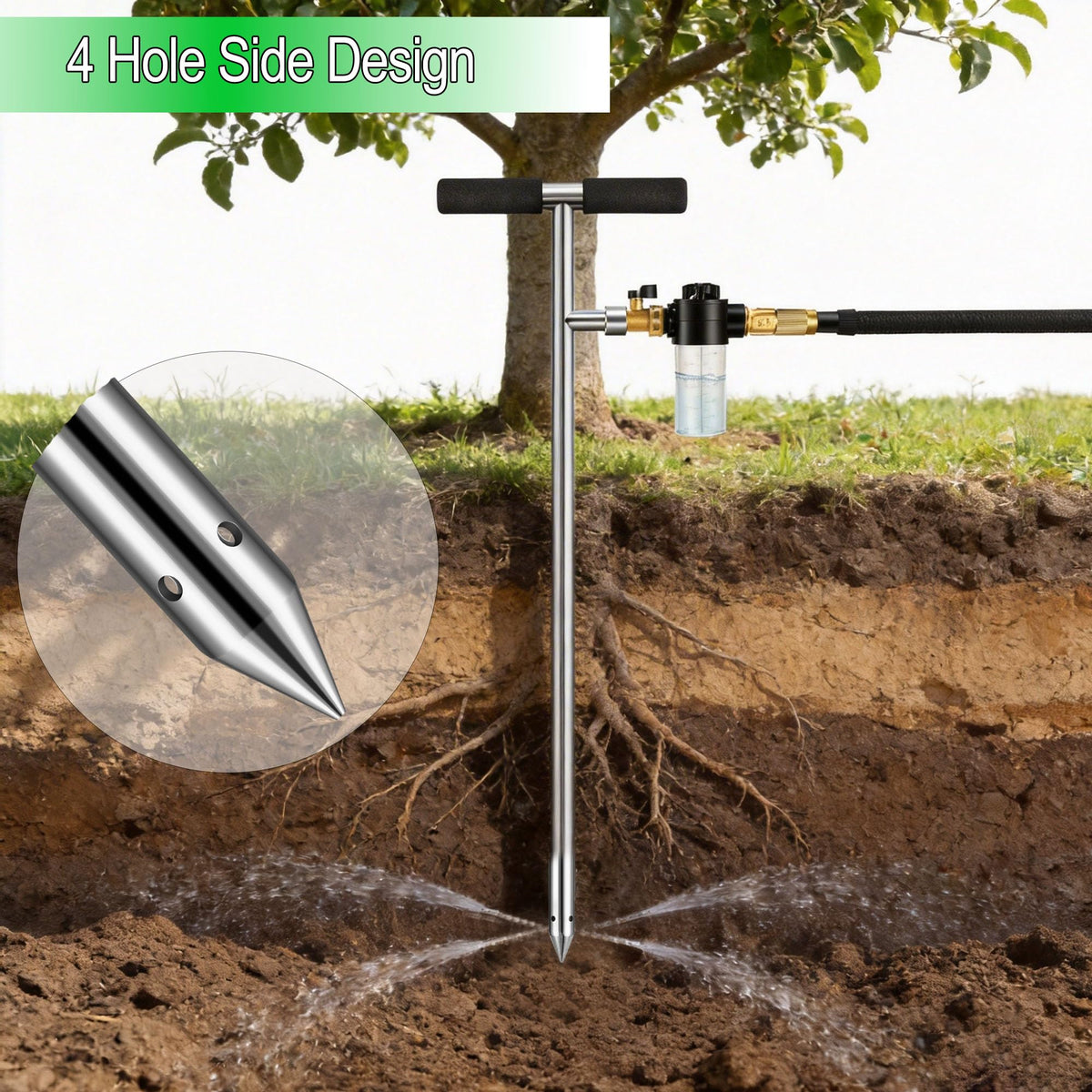 Caulimo Deep Root Watering Tool for Trees, Tree Watering Spike with Fertilizer Bottle, Stainless Steel Root Feeder for Garden, Orchard & Shrubs, Tree Irrigation System with Brass Valve, T-Handle