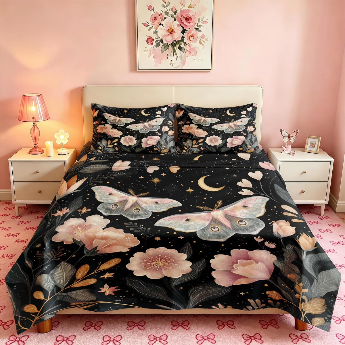 Pink Luna Moth Bedding Set 4 Pcs Girls Moon Star King Sheets
