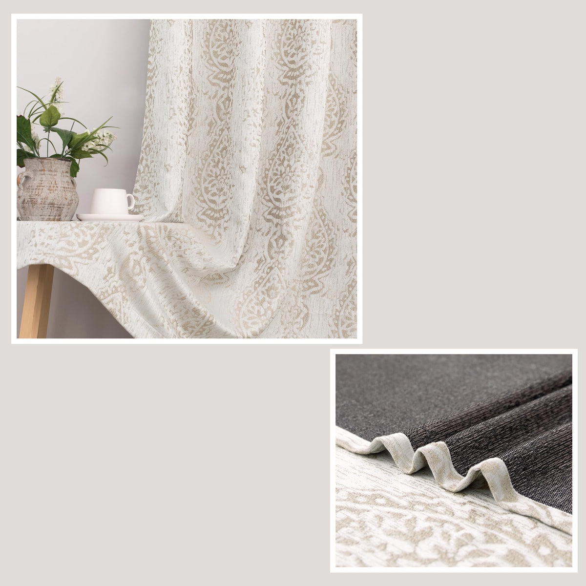 Taupe Neutral Patterned Curtains for Living Room, 84 Inch Long Semi Blackout Elegant Damask Geometric Textured Pattern Printed Light Blocking Window Curtain Drapes for Bedroom Dining, Tan Brown Beige