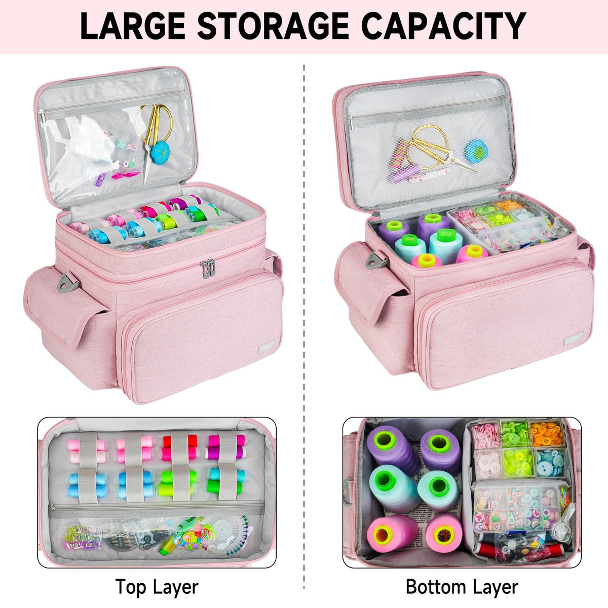 LEFOR·Z Large Sewing Supplies Organizer Storage Bag,Double-Layer Protable Travel Sewing Basket for Sew Accessories & Tools,Pink(Bag Only)