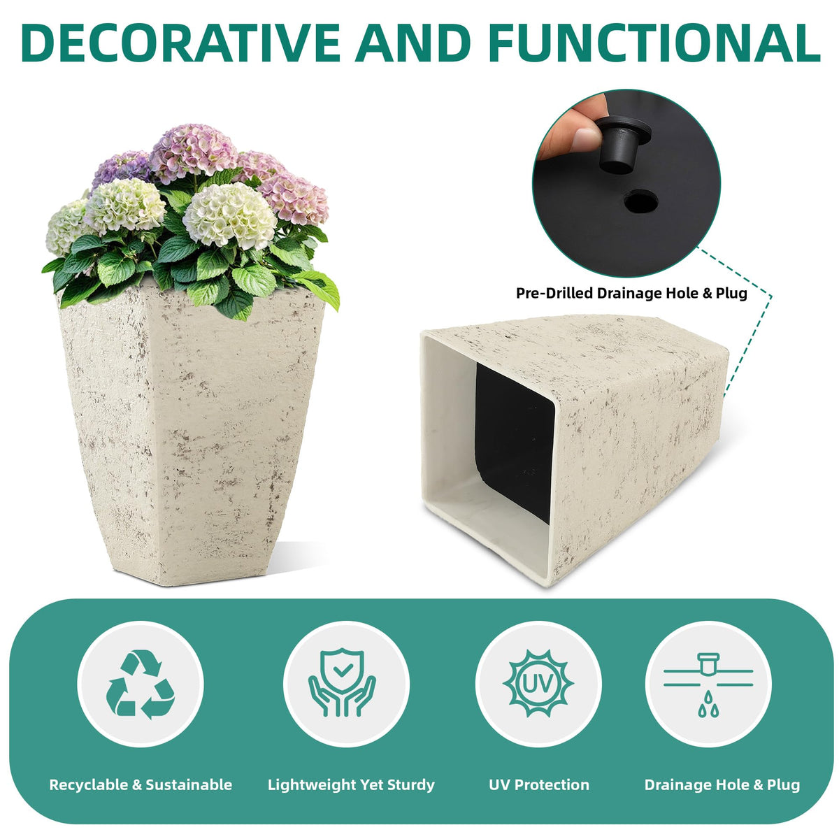 Ultym 19" H Country White Square Planters for Outdoor Plants, Set of 2 Large Flower Pot with Drainage Hole, Weather-Resistant for Porch,Garden, Patio or Indoor Use