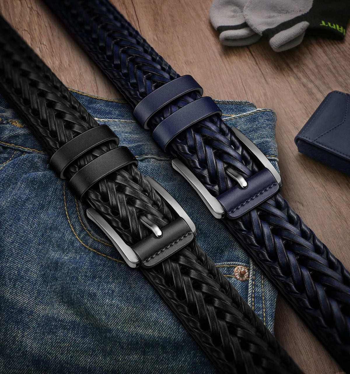 BULLIANT Men Belt, Braided Leather Belt Adjustable For Men Casual Jeans Golf 1 3/8"(Black/Blue,26"-30" Waist Adjustable)