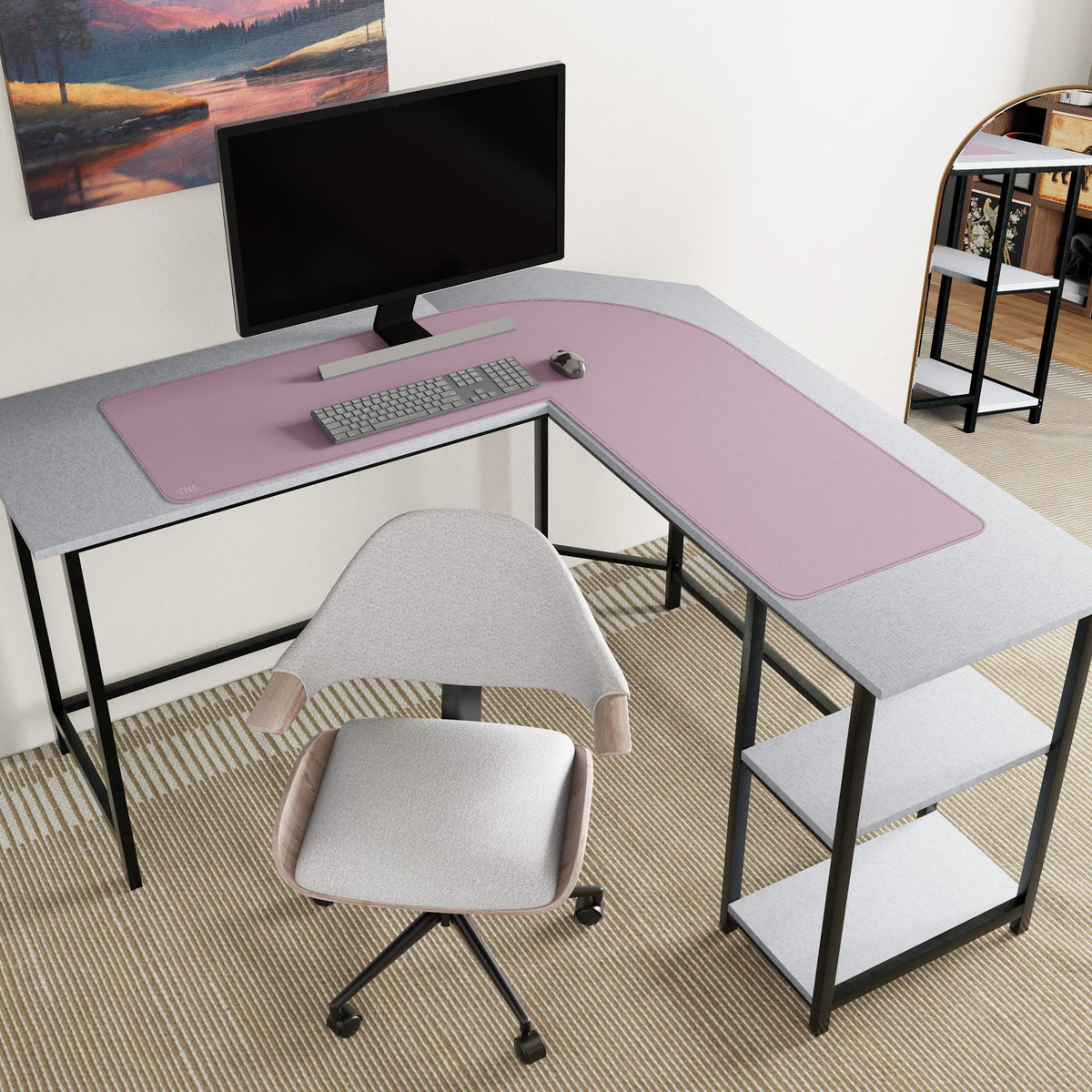 Vyaaa L-Shaped Leather Desk Pad, Two Tone Gaming Mouse Pad for Corner Desk Mat, Office and Home, 43 x 43 x 15.7 Inch, Pink and Green