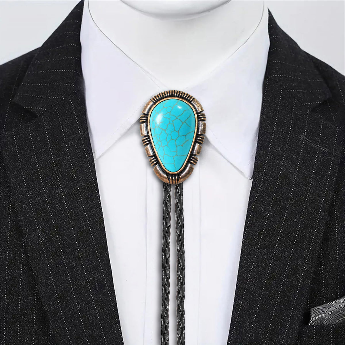 Bjesinmo Mens Bolo Tie Leather Western Ties Cowboy Necktie with Turquoise Pendant Country Western Accessories for Men