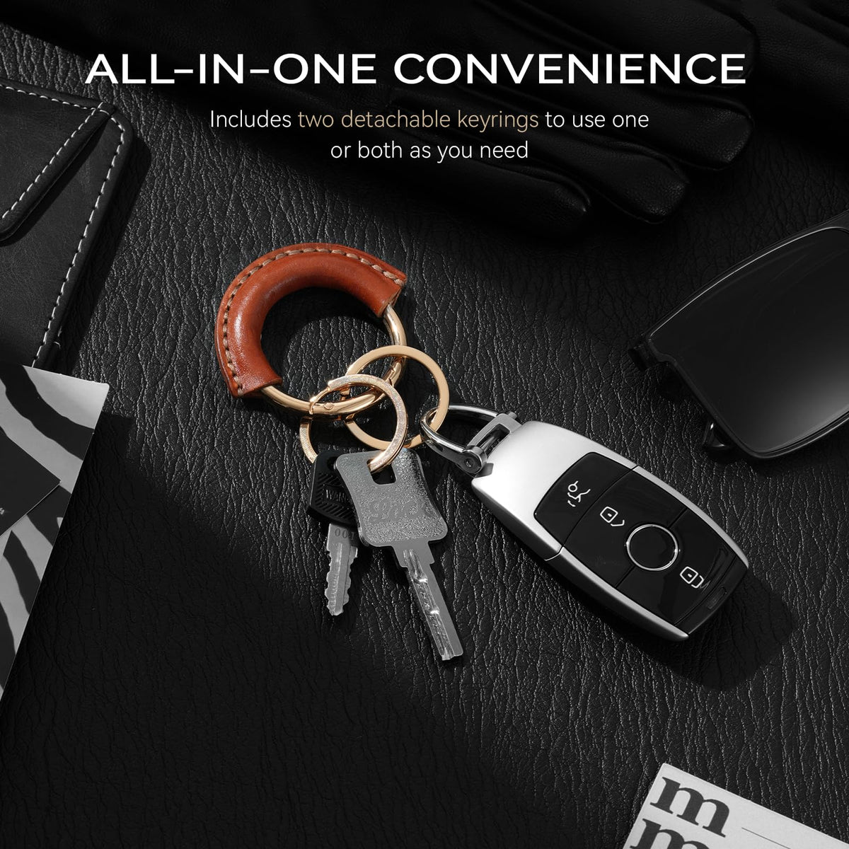 Genuine Leather Keychain - Carabiner Clip Key Fob with 2 Detachable Rings - Car Key Chain Holder for Men & Women