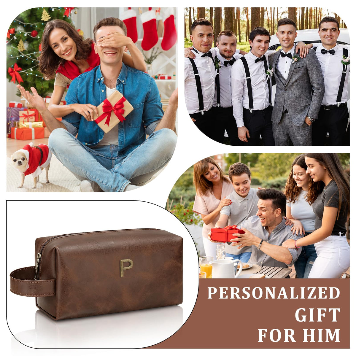 CLOUDWINGS Men’s Father's Day Personalized Gift Initial Travel Toiletry Bag for Him PU Leather Waterproof Shaving Bag for Travel Essentials Birthday Gift for Dad Husband Boyfriend (P)