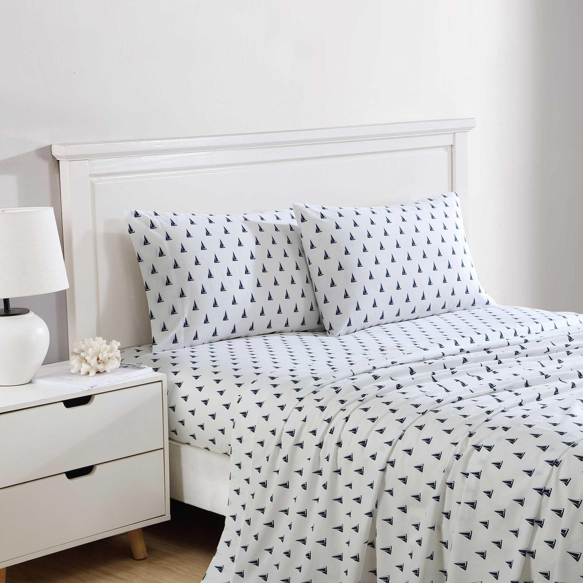 Nautica - Sheets, Cotton Percale Bedding Set with Matching Pillowcases, Crisp & Cool, Deep Pocket (Windtale Boat Navy, Full)