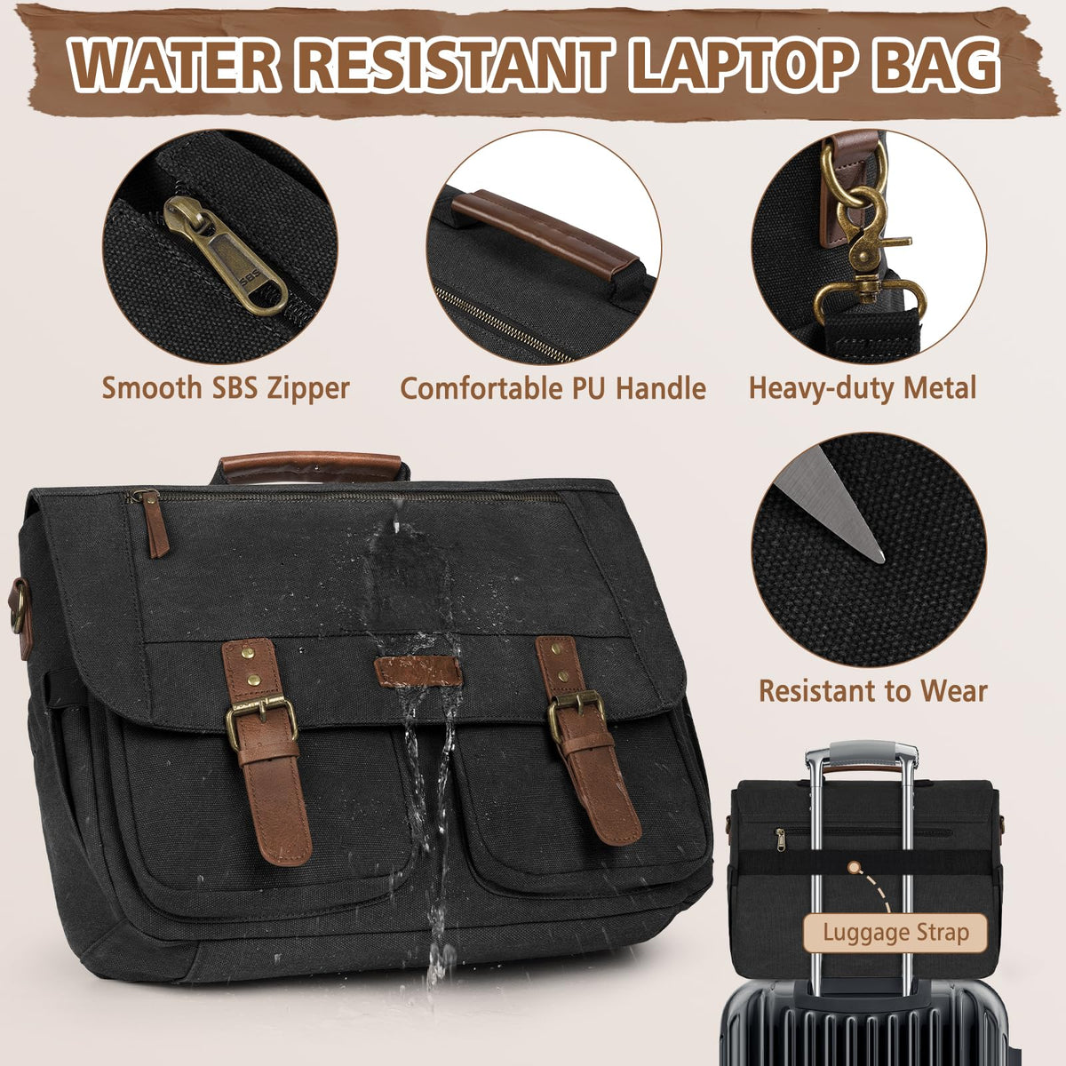 RAINSMORE Messenger Bag for Men 15.6-17.3 Inch Laptop Bag Water-resistant Canvas Briefcase Large Computer Satchel Shoulder Bag for Work College Travel, Black