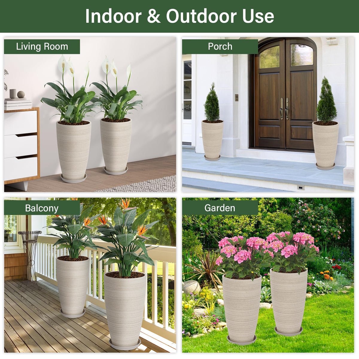 Neoaider Set of 2 Tall Planter, 21 inch Large Plastic Planter with Drain Hole & Saucers, Large Outdoor Planters for Porch, Garden, Patio, Balcony(Oat Color)