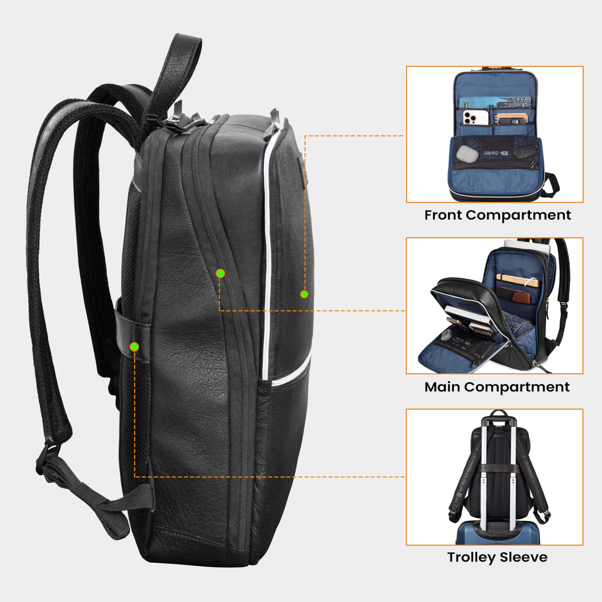 LEATHER VILLAGE Leather Laptop Backpack for Men | Black | Slim Professional Business Bag Fits 15.6”-Laptop | Water-Repellent Work & Travel Daypack with Trolley Strap