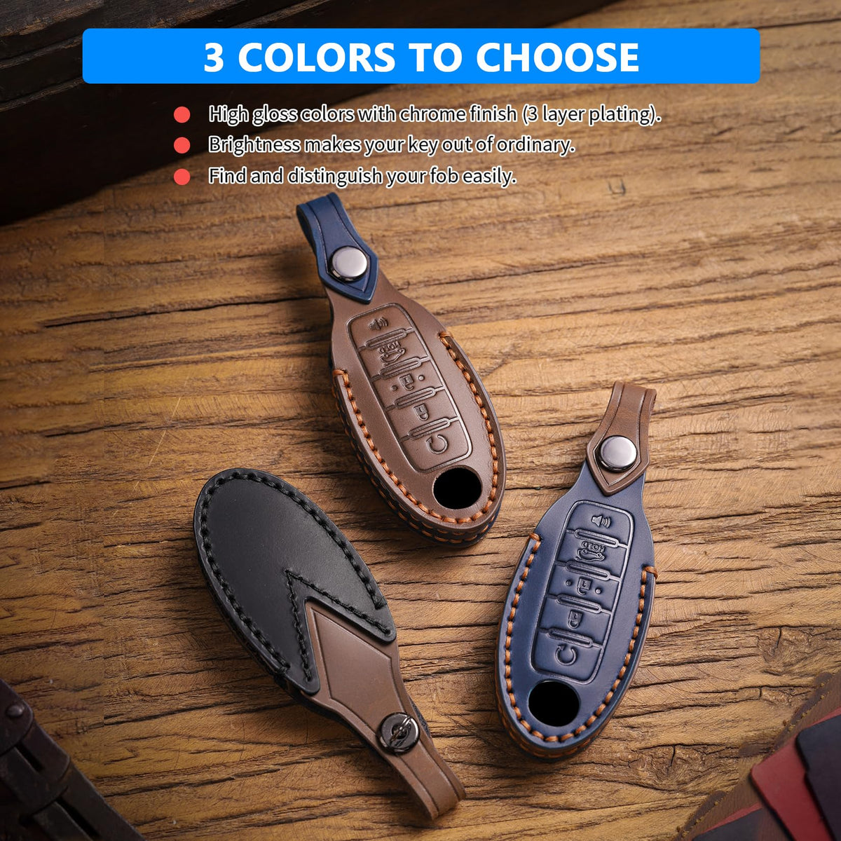 QBUC for Nissan Genuine Leather Key Fob Cover Protective Case with Keychain for Rogue Pathfinder Murano Armada Frontier Sentra Altima Versa Titan Maxima Titan Xterra 5-Buttons(Black Leather)