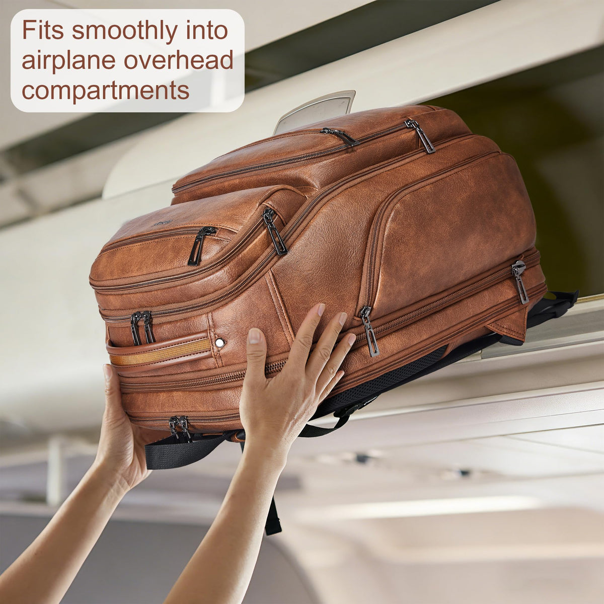 tiamyi Vegan Leather Backpack, 40L Expandable, TSA Travel Backpack for Men and Women, Fits 17.0 Inch Notebook with Luggage Strap and USB Port, Brown