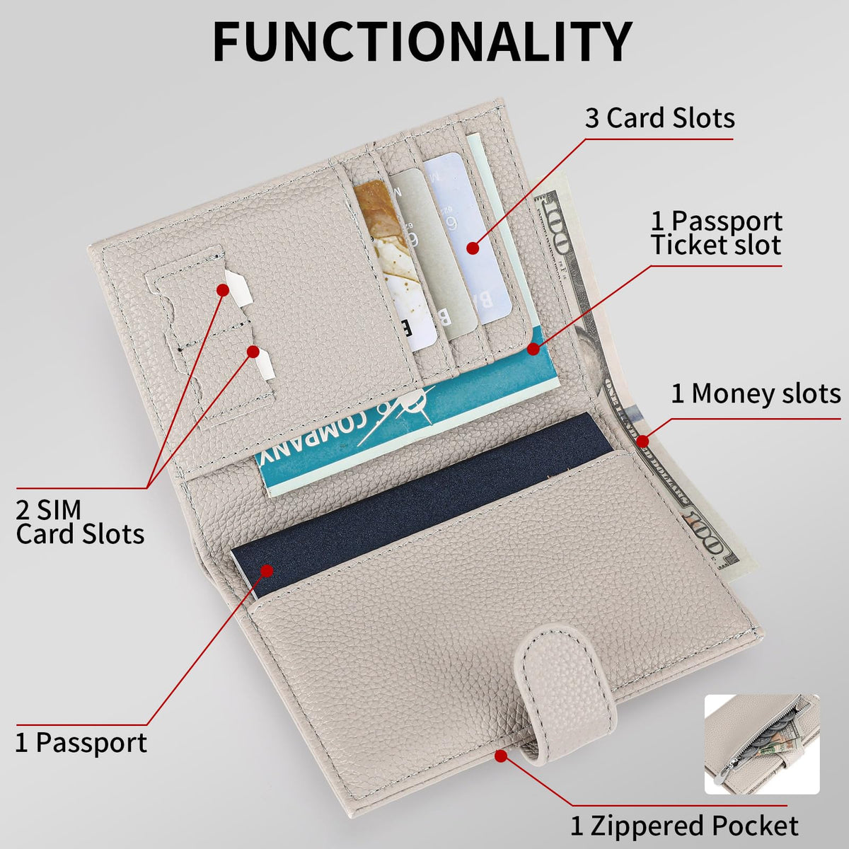 LEEXTON Passport Holder Wallet for Women,RFID Blocking Zippered Coins Pocket and Cash Slot Slim Compact Travel Wallet Passport Cover Case