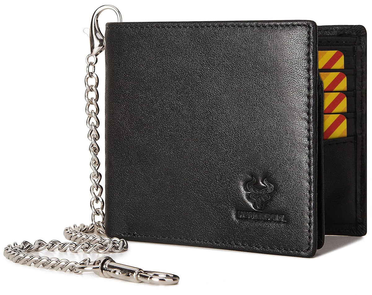 HUMERPAUL Mens Wallet with Chain, RFID Blocking Genuine Leather Bifold Wallet Minimalist With 2 ID Window (Black)