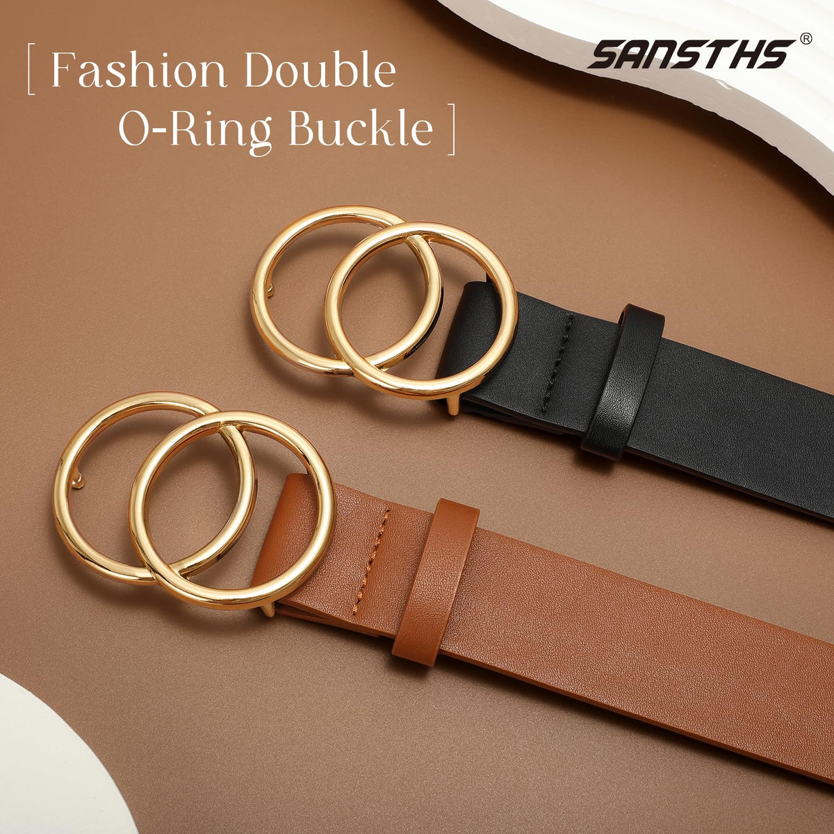 SANSTHS 2 Pack Women Leather Belts Faux Leather Jeans Belt with Double O Ring Buckle Black Brown S