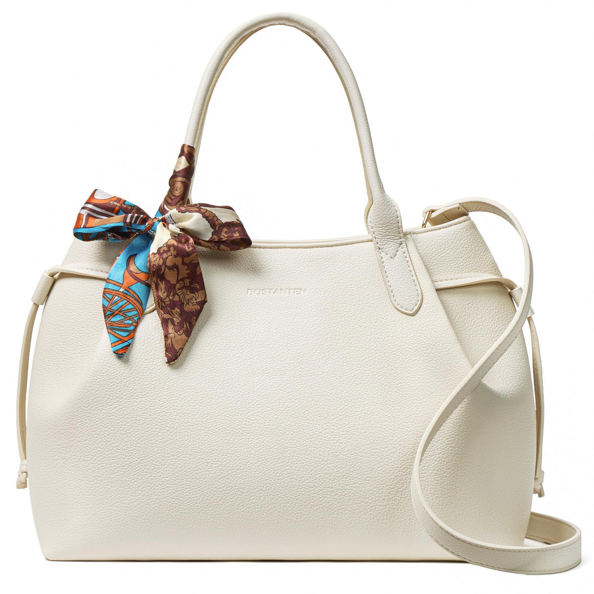 BOSTANTEN Silk Scarf Satchel bags Vegan Leather Purses for women Medium Work Tote bag with Removable Strap Off White
