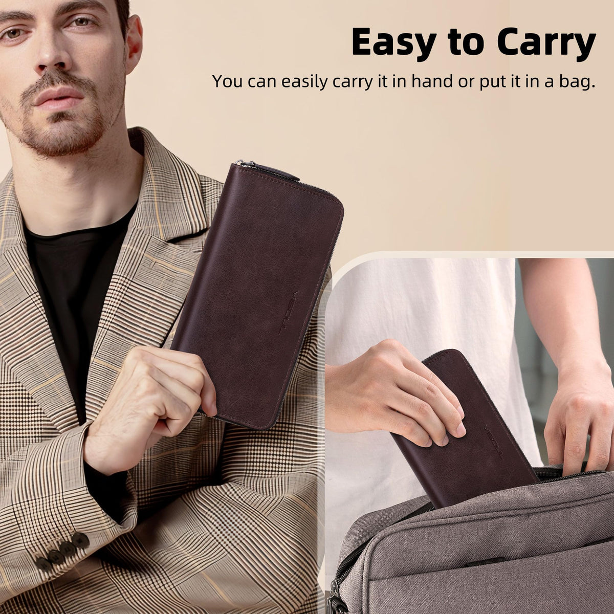 VISOUL Leather Long Zipper Pouch Wallet for Men and Women with RFID Blocking, Large Clutch Cash Long Wallet with Zipper (Coffee)