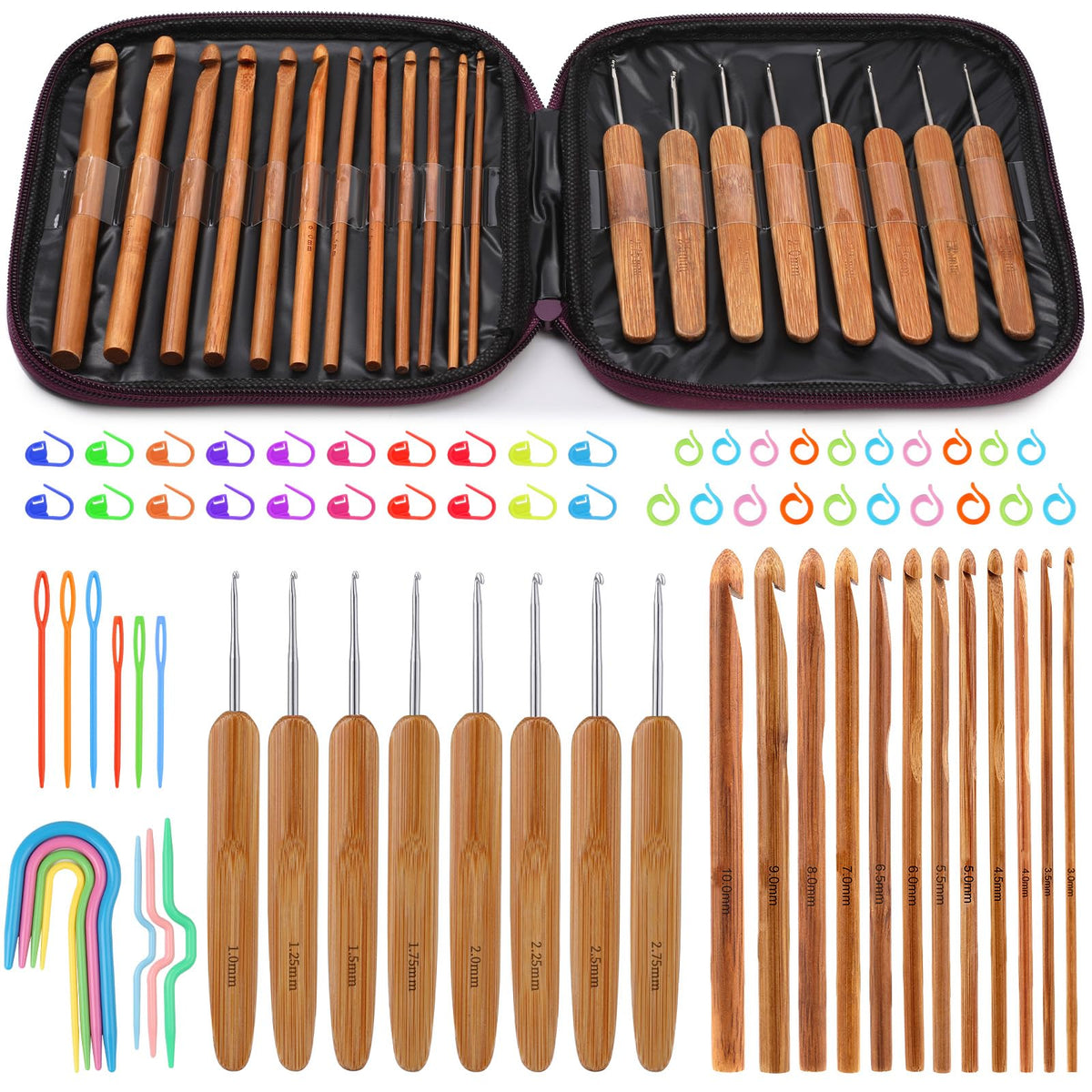 Mayboos 20 Pieces Bamboo Crochet Hooks Kit, Wooden Bamboo Crochet Hooks with Silver-Plated Aluminum Hook Sizes 1.0-10.0 MM for Handcrafted Knitting Needles