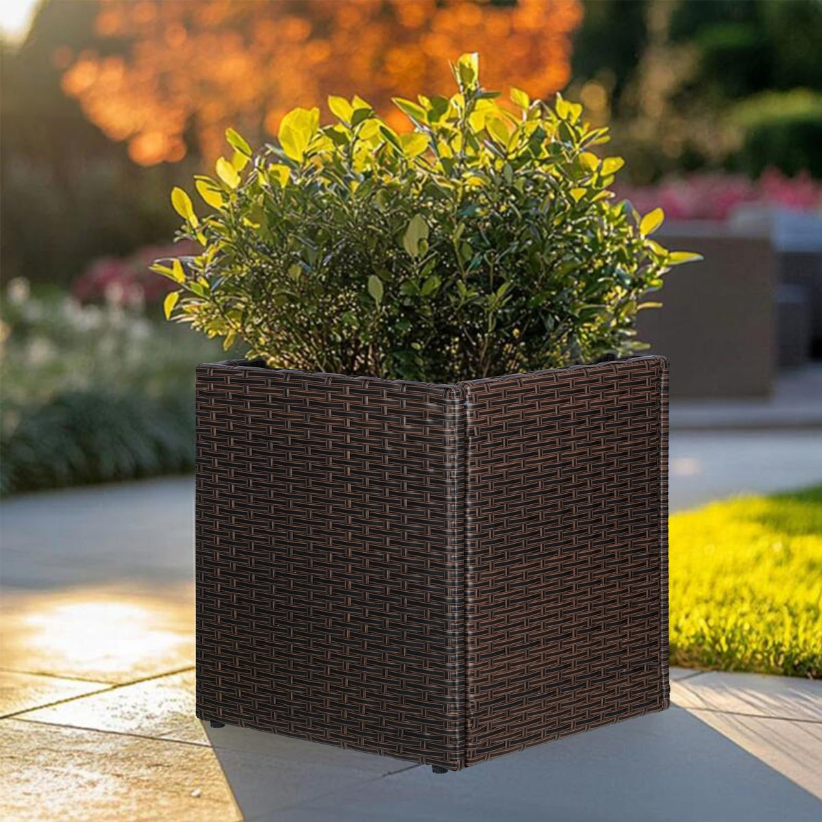 SUNNYPARK Brown Square Planter Box All-Weather PE Rattan Large Modern Planters with Removable Liner Indoor Outdoor Decorative Flower Pot for Patio, Balcony, Garden