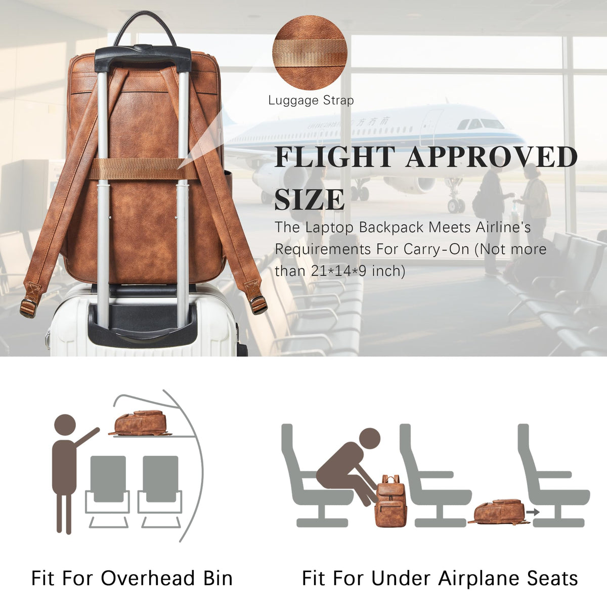 tiamyi leather travel backpack for men and women, flap top laptop backpack fits 17.0 inch computer with luggage strap and separate padded compartment, brown