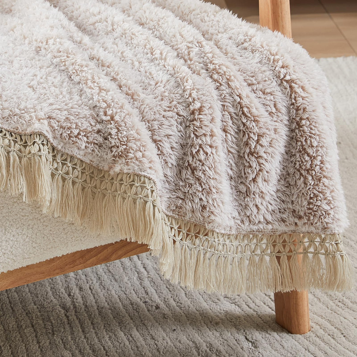 EMME Soft Sherpa Fleece Blanket with Tassel, Reversible Plush Fluffy Large Blanket, Light Weight Warm Decorative Boho Blanket Cover for Sofa, Couch, Bedroom,Travel(Tassel Khaki,108"x90")