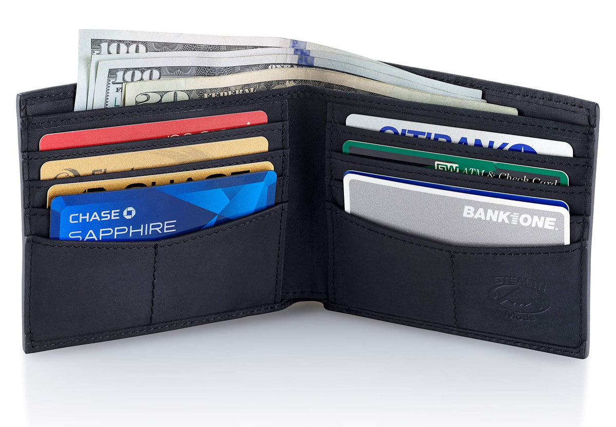 Stealth Mode RFID Wallet for Men - Genuine Napa Leather Bifold Mens Wallet with 8 Card Slots & Divided Billfold - Elegant Gift Box Packaging, RFID Blocking Technology