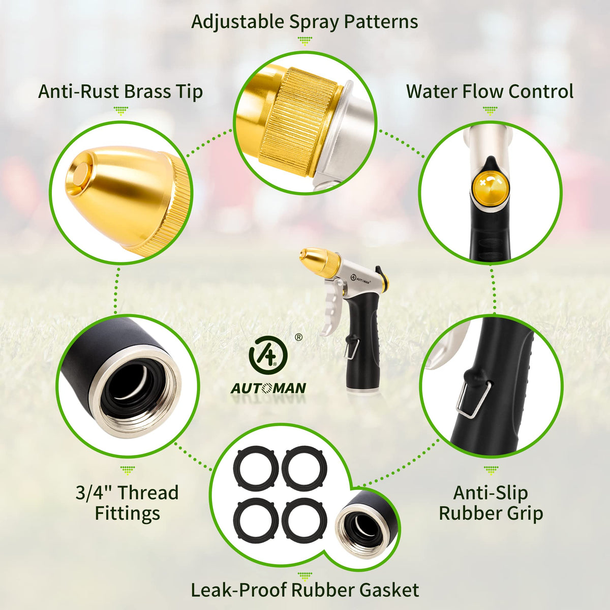 AUTOMAN Garden Hose Nozzles - High Pressure 100% Metal Hose Sprayer 2 Pack, Heavy Duty Garden Watering Nozzle Set, Powerful Garden Nozzle for Watering Plants, Window Cleaning,Washing Cars,Pets Bathing