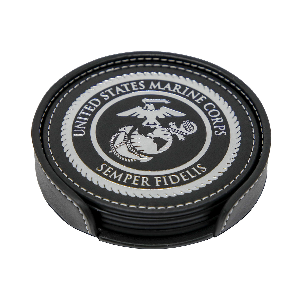 USMC Leather Coaster Set - 4 Premium Coasters with Hot Stamped Foil US Marines EGA Logo - Marine Corps Gift | USMC Leather Coasters