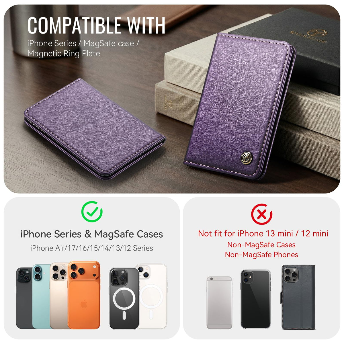 XIMAND Magnetic Wallet Card Holder with RFID Protection, PU Leather Slim Wallet, Strong Magnet Attachment for iPhone 18/17/16/15/14/13/12 Series Pro Max Plus Mini-Purple