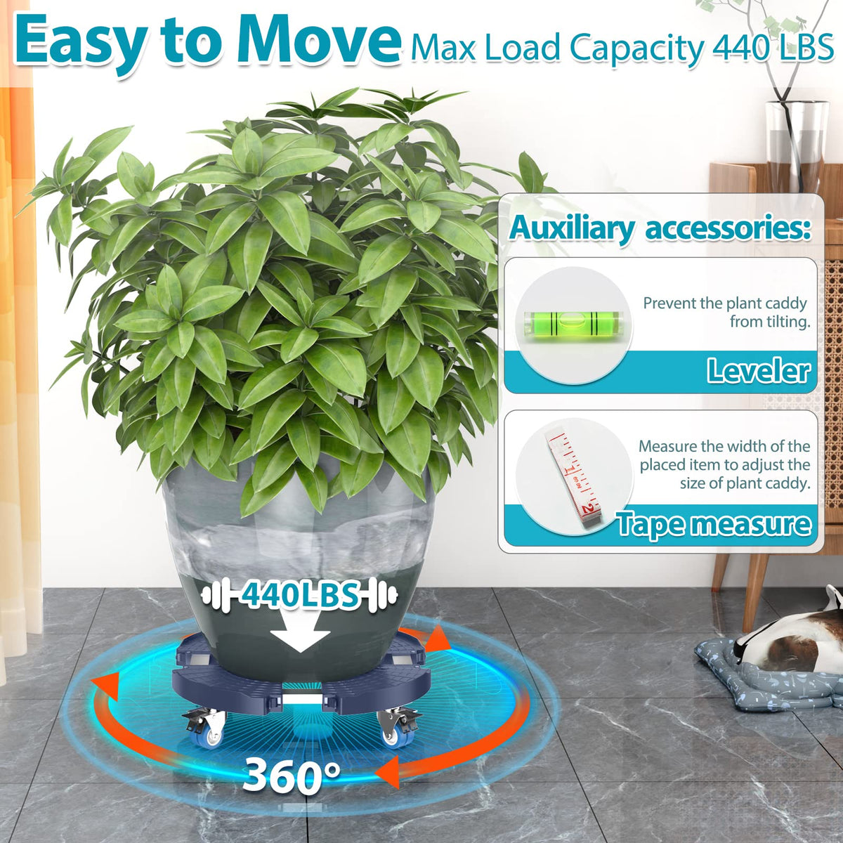 VANCASTLE Plant Caddy with Lockable Wheels Heavy Duty 450lbs Capacity, 15-22 Inch Adjustable Plant Stand with Wheels Rolling base, Plant Dolly for Flower Pot Mover Indoor Outdoor, Blue, 2 Pack