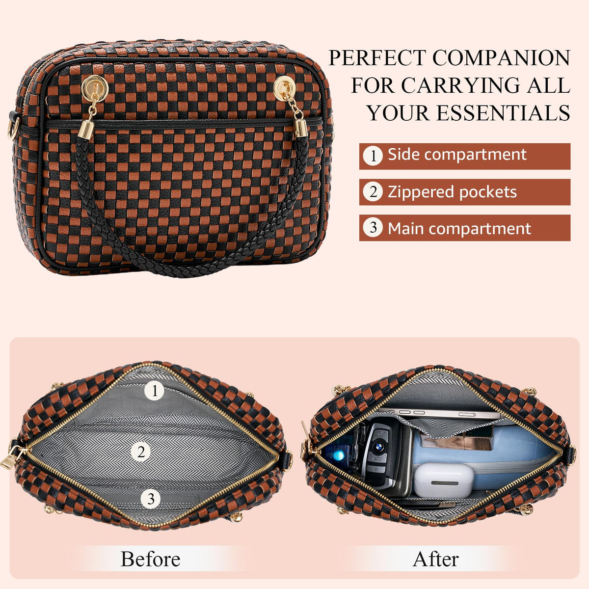 Woven Crossbody Bags for Women, Vegan Leather Two-Tone Satchel with Braided Top Handle, Structured Checkerboard Shoulder Purse with Adjustable Strap