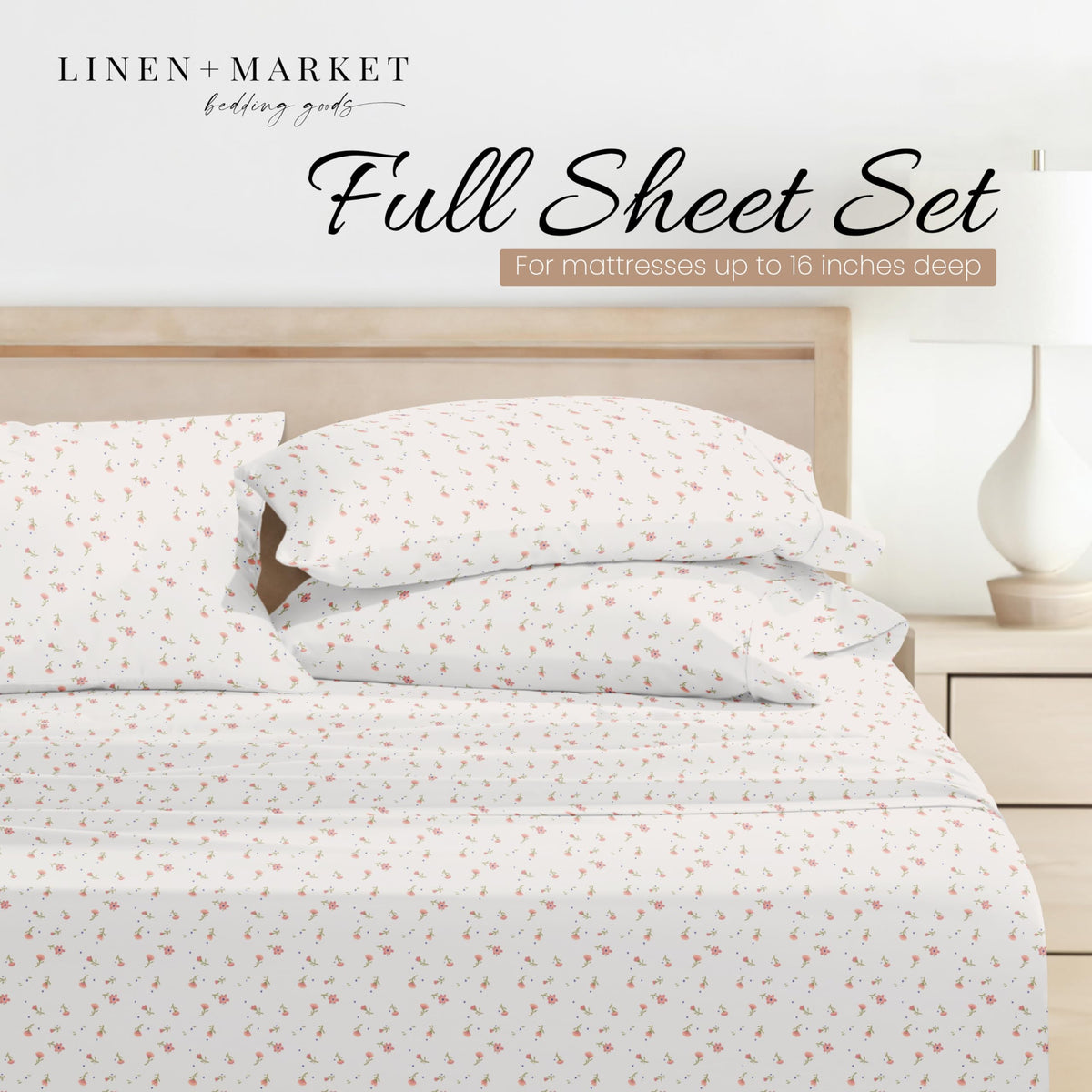 Linen Market Double-Brushed Patterned Microfiber Full Sheet Set 4 Piece – Oeko-TEX Certified Ultra Soft & Wrinkle-Free - 16" Deep Pocket Sheets - Easy Care Full Size - Soft Floral Pink