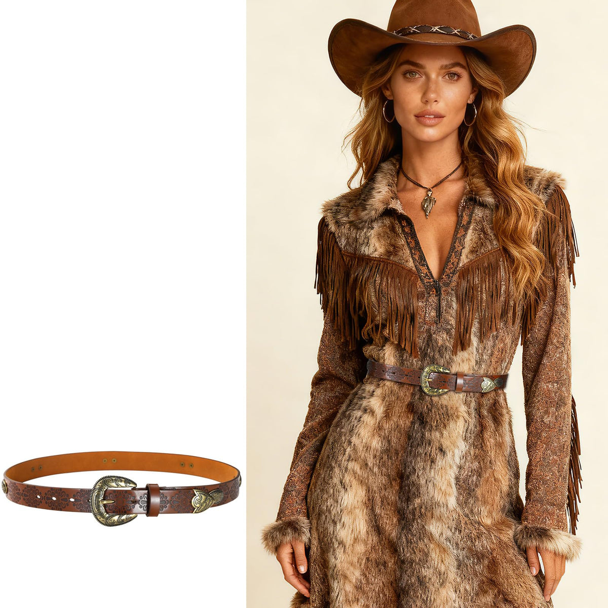 IDUNNVERVE Western Cowgirl Belts for Women – Brown Leather Belt for Jeans with Vintage Country Cowboy Buckle