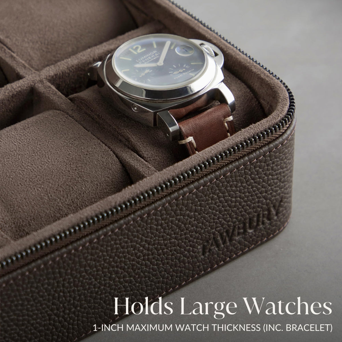 TAWBURY Watch Case - 4 Slot Genuine Top-Grain Leather Watch Box for Men & Women with Extra Wide Pillows for Large Watches - Portable Wristwatch Storage for Home & Travel (Brown)