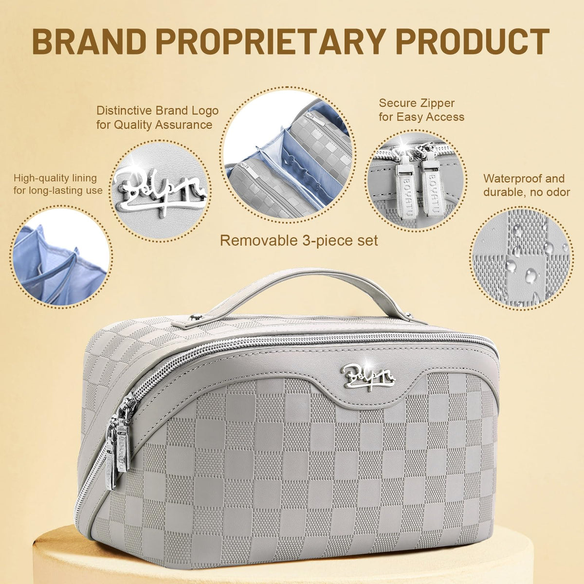BOYATU Travel Makeup Bag Organizer: 3 Pcs Set Large Capacity Cosmetic Bags Holds 10–20 100ml Full-Size Bottles - 180°Open-Flat Make up Case 3-sec touch-up - Toiletry Bag Gift women (03-A-Gray)