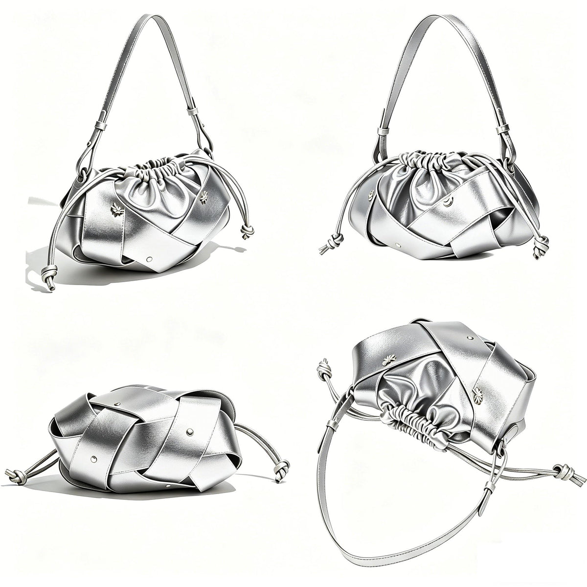 Ophlid Gold Drawstring Bag for Women Evening Bucket Purse Woven Pu Leather Hobo Handbag Cloud Clutch Purse Silver