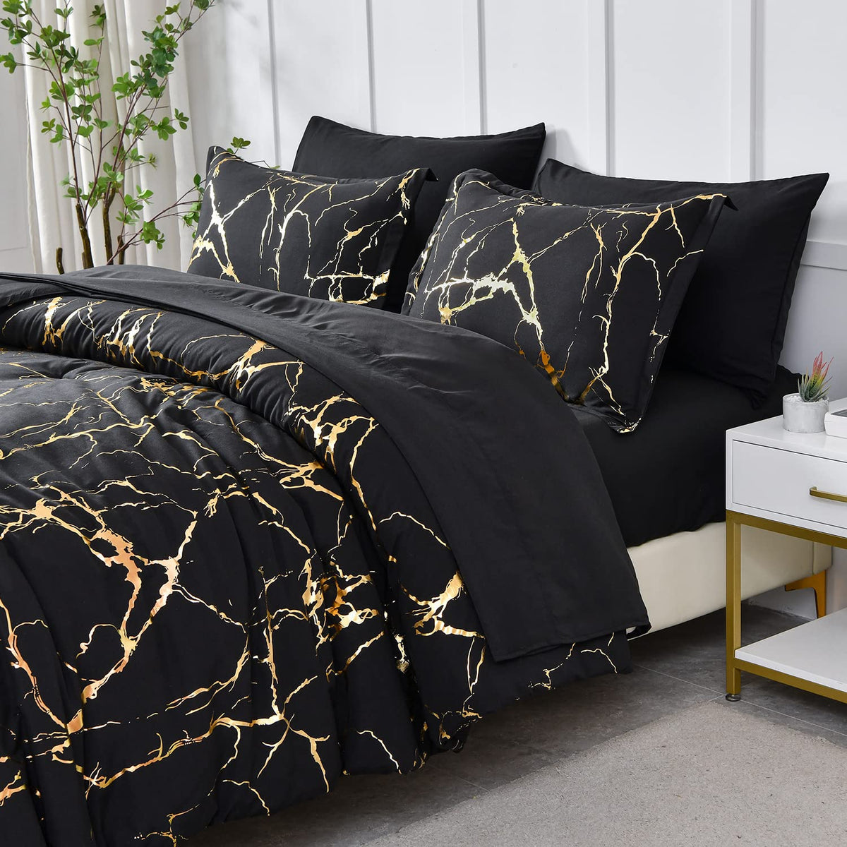 Yogeneg Gold Metallic Marble King Size Comforter Set,7 Piece Bed in a Bag,Foil Print Glitter Black Comforter and Sheet Set,All Season Soft Microfiber Complete Bedding Sets(Black,King)