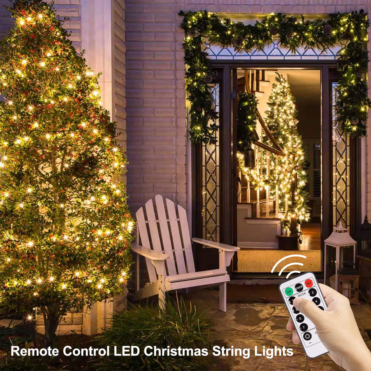 DBFAIRY 2 Pack-16.4ft Outdoor Christmas Tree String Lights 50 Warm White LEDs Battery Operated with Remote Control Green Cable 8 Modes Changing for Bedroom Party Xmas Patio Decor