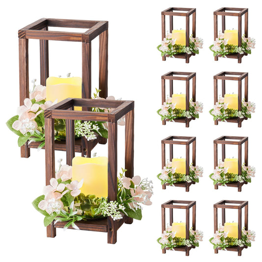 VEVOR 10 Set/30 Pcs Wooden Wedding Lantern Centerpiece, Includes 10 Wooden Lantern Candle Holder 10 Flameless LED Candle 10 Champagne Flower Wreath for Wedding Table Party Farmhouse Decor, Brown