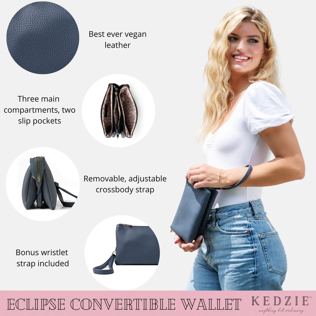 KEDZIE Eclipse Vegan Leather Convertible Purse Wallet Crossbody Handbag Clutch for Women - Navy