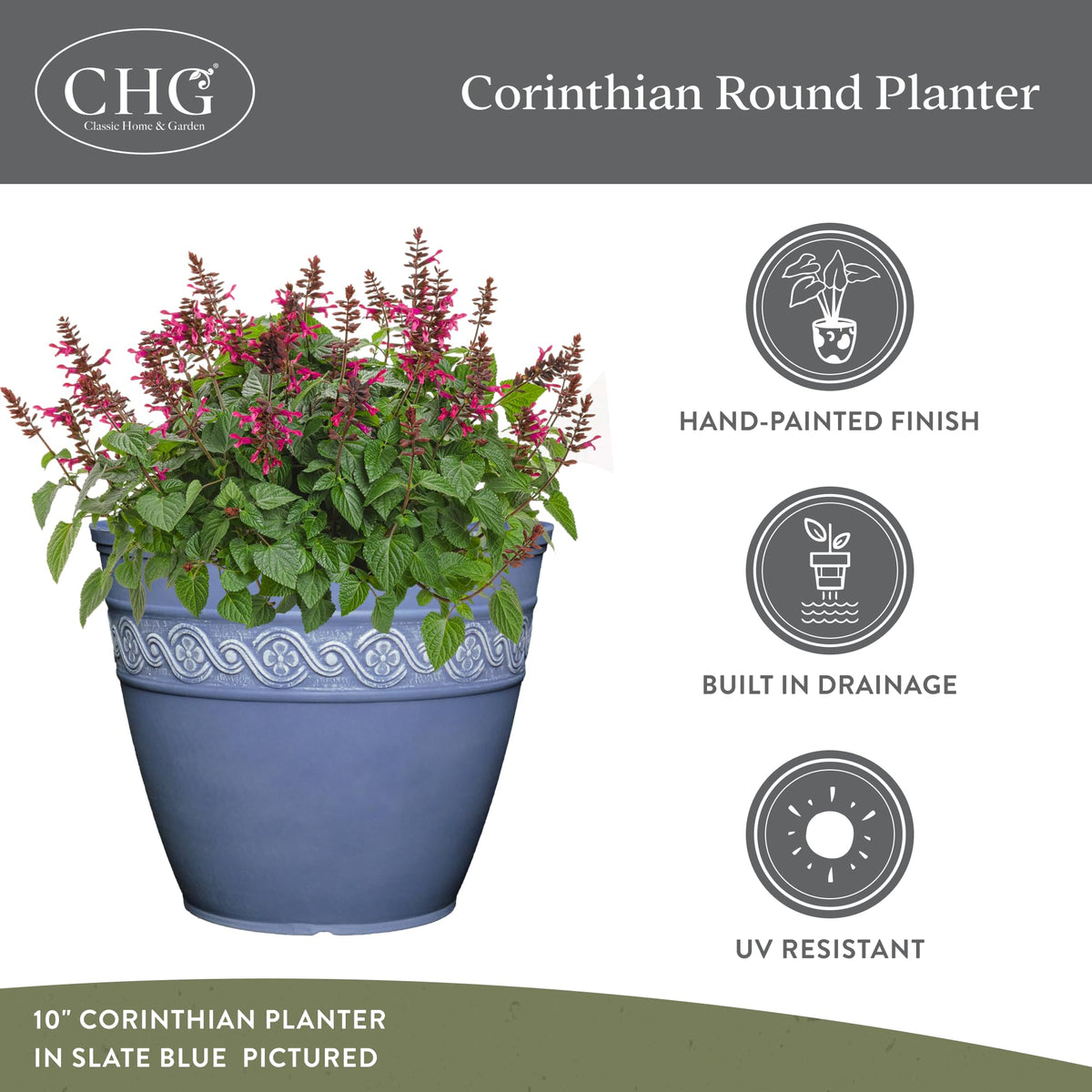 Classic Home and Garden Corinthian Resin Planter Pot - Outdoor & Indoor Plant Pot - Round Planter for Plants & Flowers (8" Storm Gray, Pack of 1)