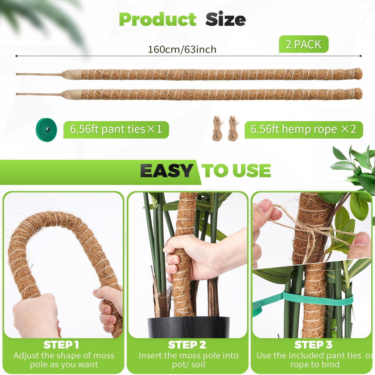2 Pack Moss Pole Monstera Plant Support 63 Inch Bendable Monstera Support for Climbing Plants Extra Large Handmade Moss Poles Aluminum Plant Support Stakes Indoor Grow Upwards
